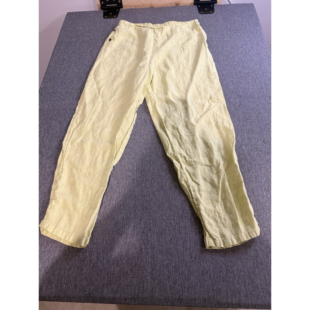 Vintage Tom Tom 100% Linen Pants With Button Detail Yellow Green Women's Sz M